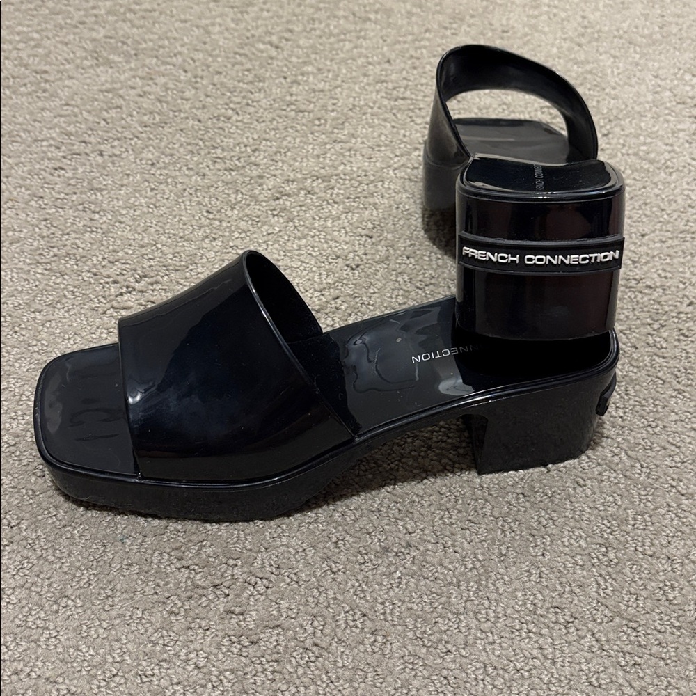 French Connection Glossy Black Block Heel Sandals